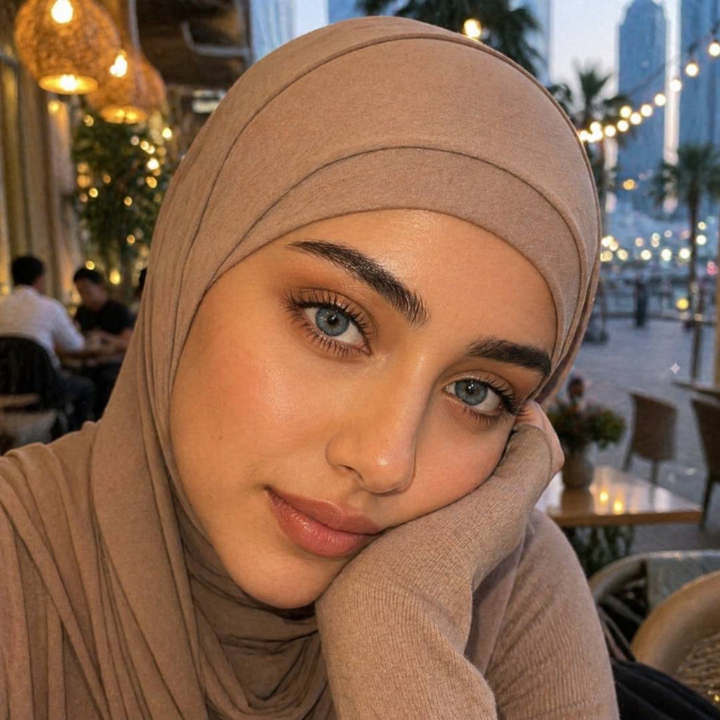 Woman in a taupe hijab wearing dreamy blue color contacts while resting her face on her hand at an outdoor café with warm evening lights and city buildings in the background.