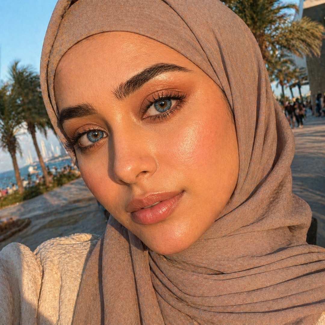 Woman wearing a neutral toned hijab and dreamy blue color contacts taking a golden hour selfie along a palm lined waterfront promenade.