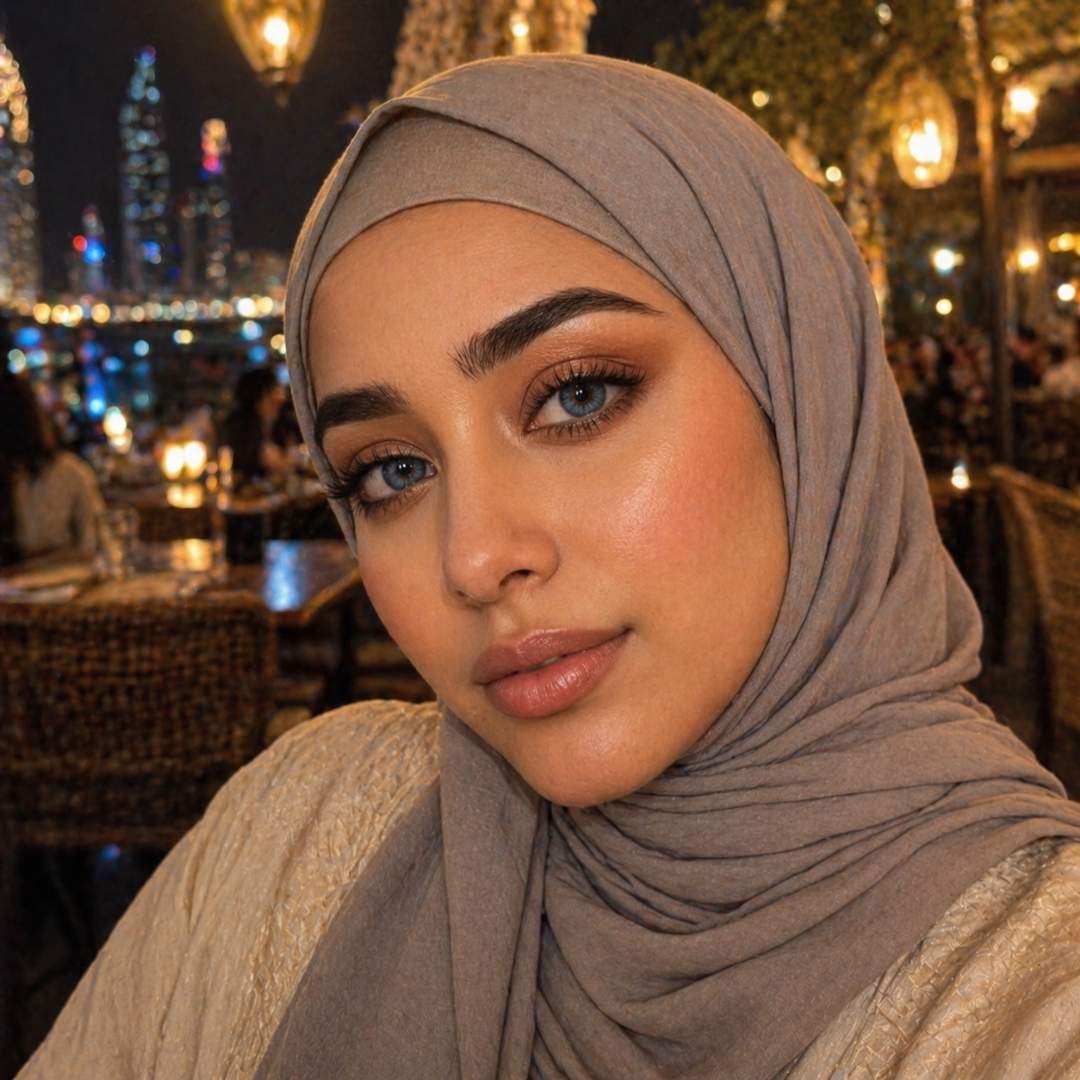 Portrait of a woman in a beige hijab wearing dreamy blue color contacts at a softly lit outdoor restaurant with glowing city lights and palm trees behind her.
