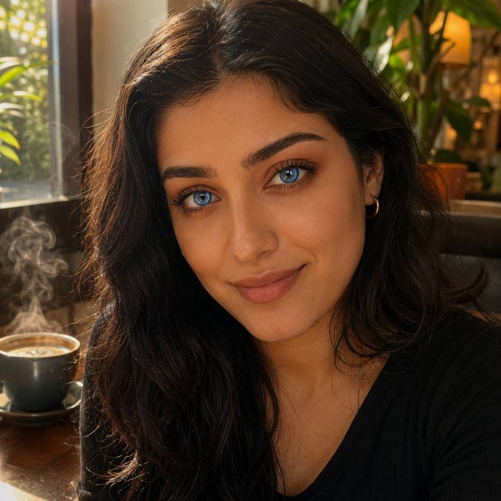 Woman with long dark hair smiling softly while seated near a steaming cup in a cafe. Natural window light and greenery create a relaxed atmosphere around her.