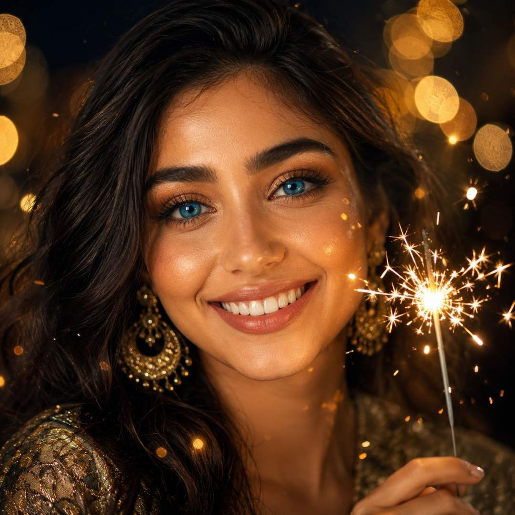 Smiling woman wearing Bionics Blueberry blue contact lenses holding glowing sparkler with warm festive bokeh lights