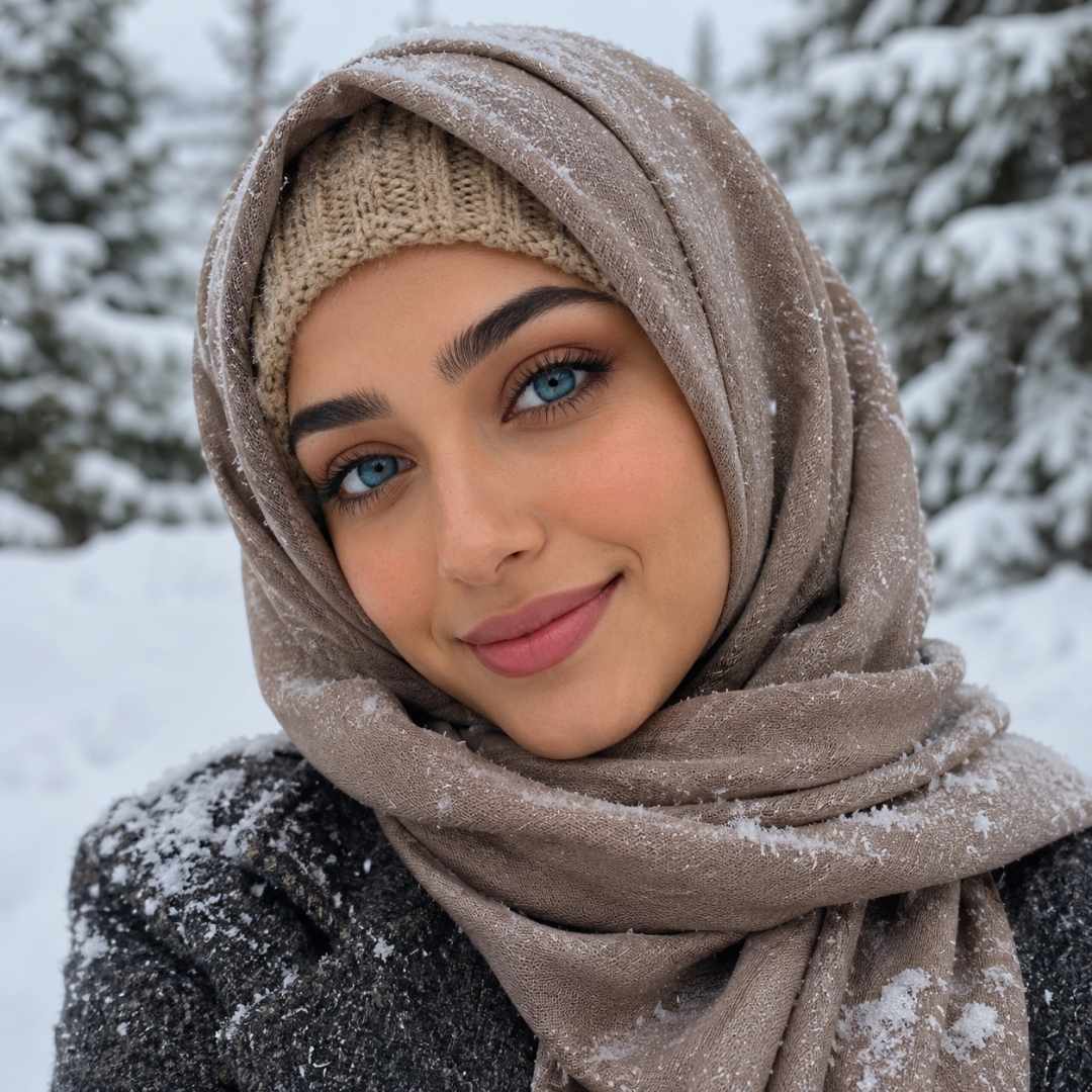 Woman wearing Bionics Blueberry blue contact lenses in snowy winter setting with soft beige hijab and natural smile