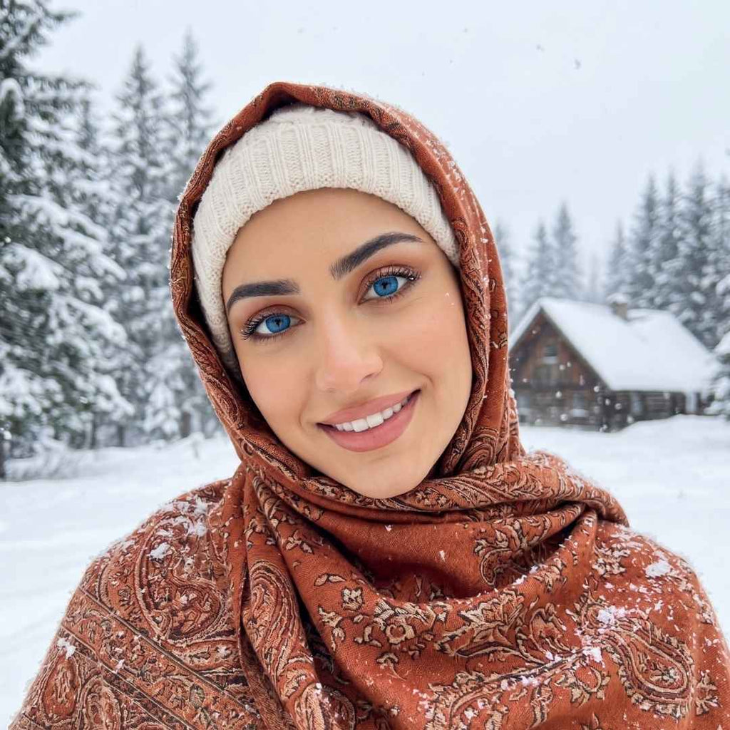 Woman wearing a brown patterned headscarf and vivid blue contact lens and white beanie in a snowy landscape with trees and a cabin.