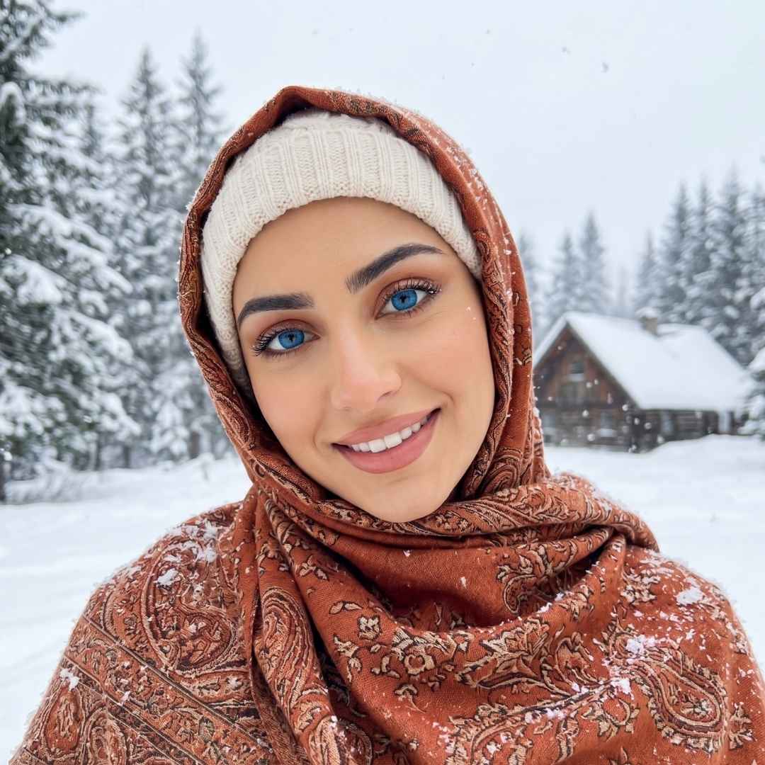 Woman wearing a brown patterned headscarf and vivid blue contact lens and white beanie in a snowy landscape with trees and a cabin.