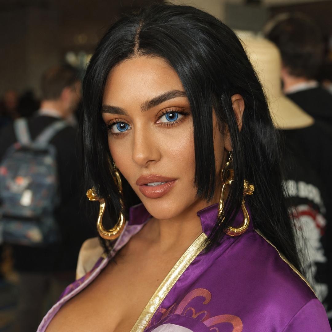 Portrait of a cosplayer with sleek black hair and oversized gold earrings wearing a purple costume at a convention. Her dramatic blue lens look contrasts with the rich colors of the outfit and blurred crowd behind her.