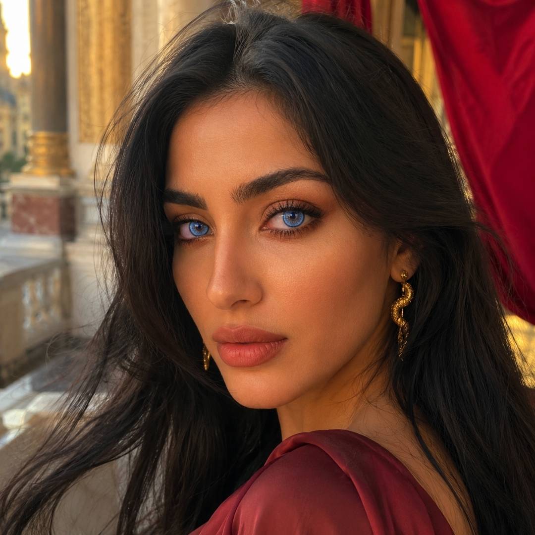 Woman with long dark hair and gold snake shaped earrings wearing a deep red garment near ornate architecture and draped fabric. Warm sunlight highlights her features and vivid blue eyes.