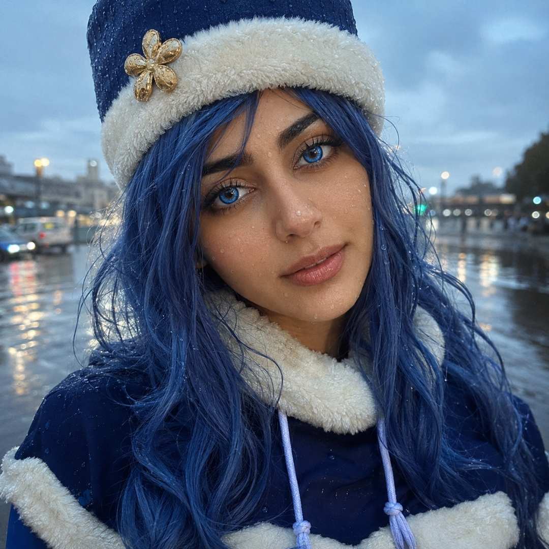 Portrait of a person outdoors in rainy weather wearing a blue and white winter outfit with matching hat and blue hair. Raindrops on the face and clothing add texture while the vibrant blue contacts complement the cool tones.