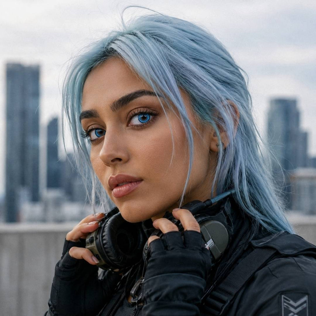 Woman with light blue hair wearing black clothing and headphones stands against a city skyline backdrop. The cool urban setting and vivid blue eyes create a modern and edgy portrait.