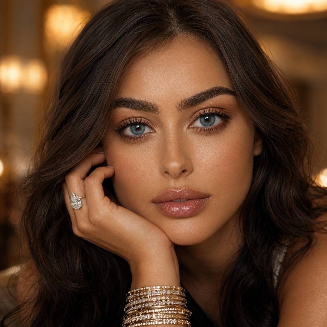Close up portrait of a woman with subtle blue contact lenses, glossy nude makeup, and stacked gold bracelets resting her face against her hand in warm ambient lighting.