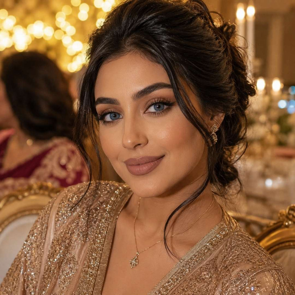 Woman with subtle blue contact lenses wearing a gold embroidered outfit and delicate jewelry at an elegant evening celebration with warm candlelight and soft golden bokeh in the background.