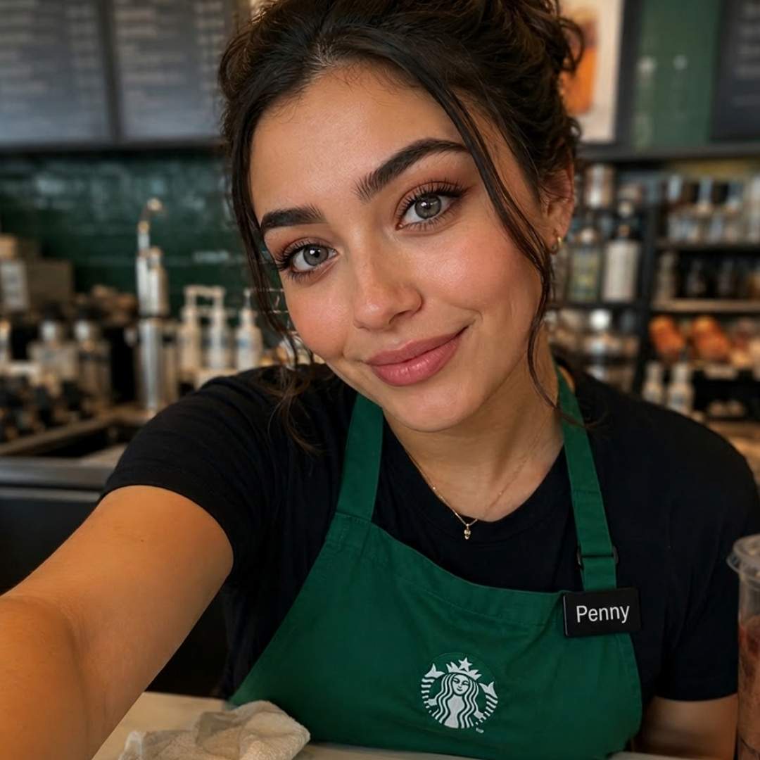 Person wearing a Starbucks green apron with a name tag in a coffee shop setting