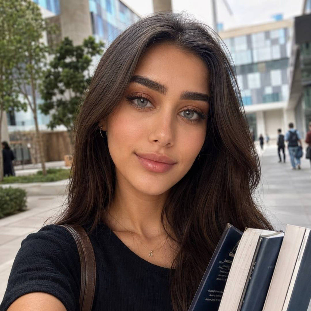 Woman holding books with a blurred cityscape background