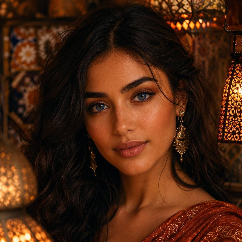 Woman wearing Bionics Blueberry blue contact lenses surrounded by warm Moroccan lantern lighting and elegant styling