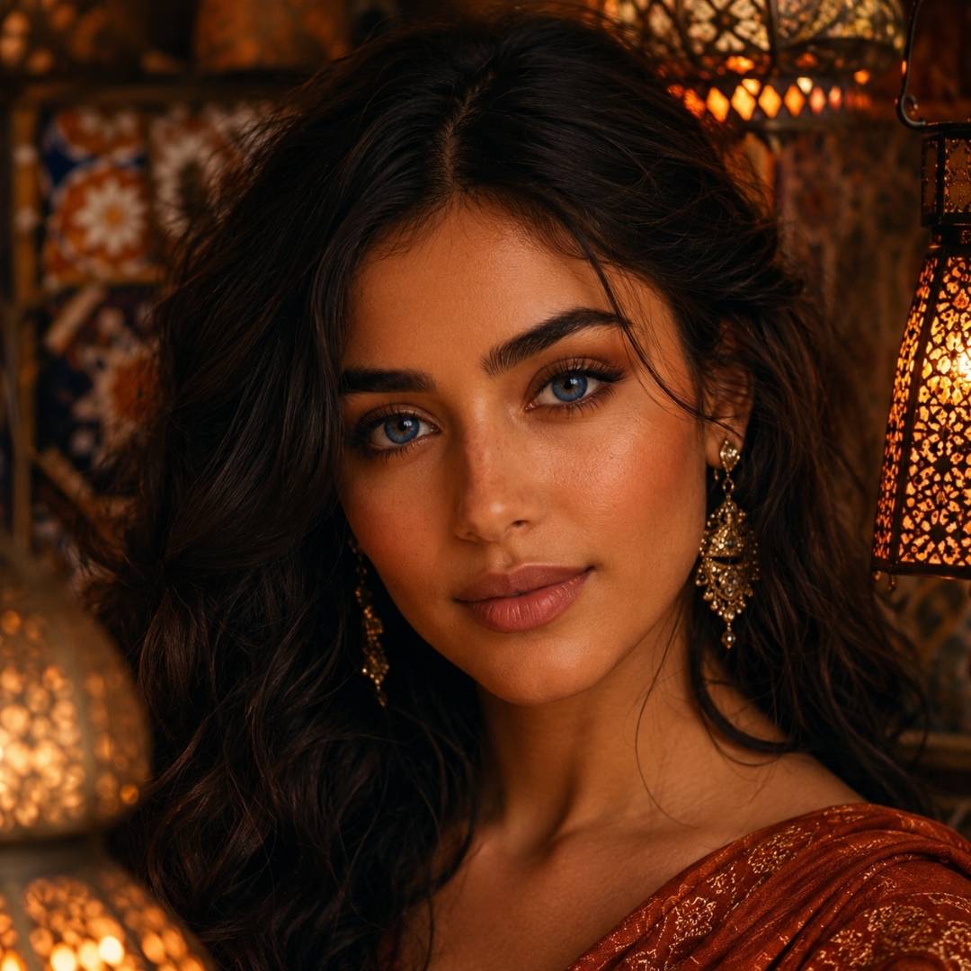 Woman wearing Bionics Blueberry blue contact lenses surrounded by warm Moroccan lantern lighting and elegant styling