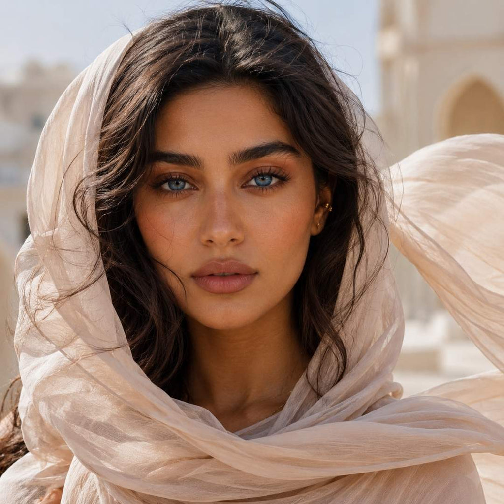 Woman wearing Bionics Blueberry blue contact lenses with flowing sheer ivory silk scarf and soft natural lighting
