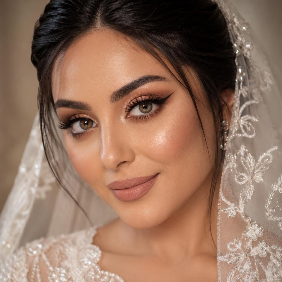 Bridal portrait of a woman wearing natural cacao colored lenses with soft glam makeup and a lace embroidered veil framing her face. Warm neutral lighting highlights her defined eyeliner, glowing skin, and subtle smile.