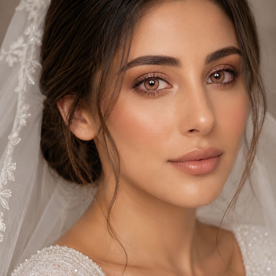 Close-up of a bride wearing a veil and dusty pink color contact lens