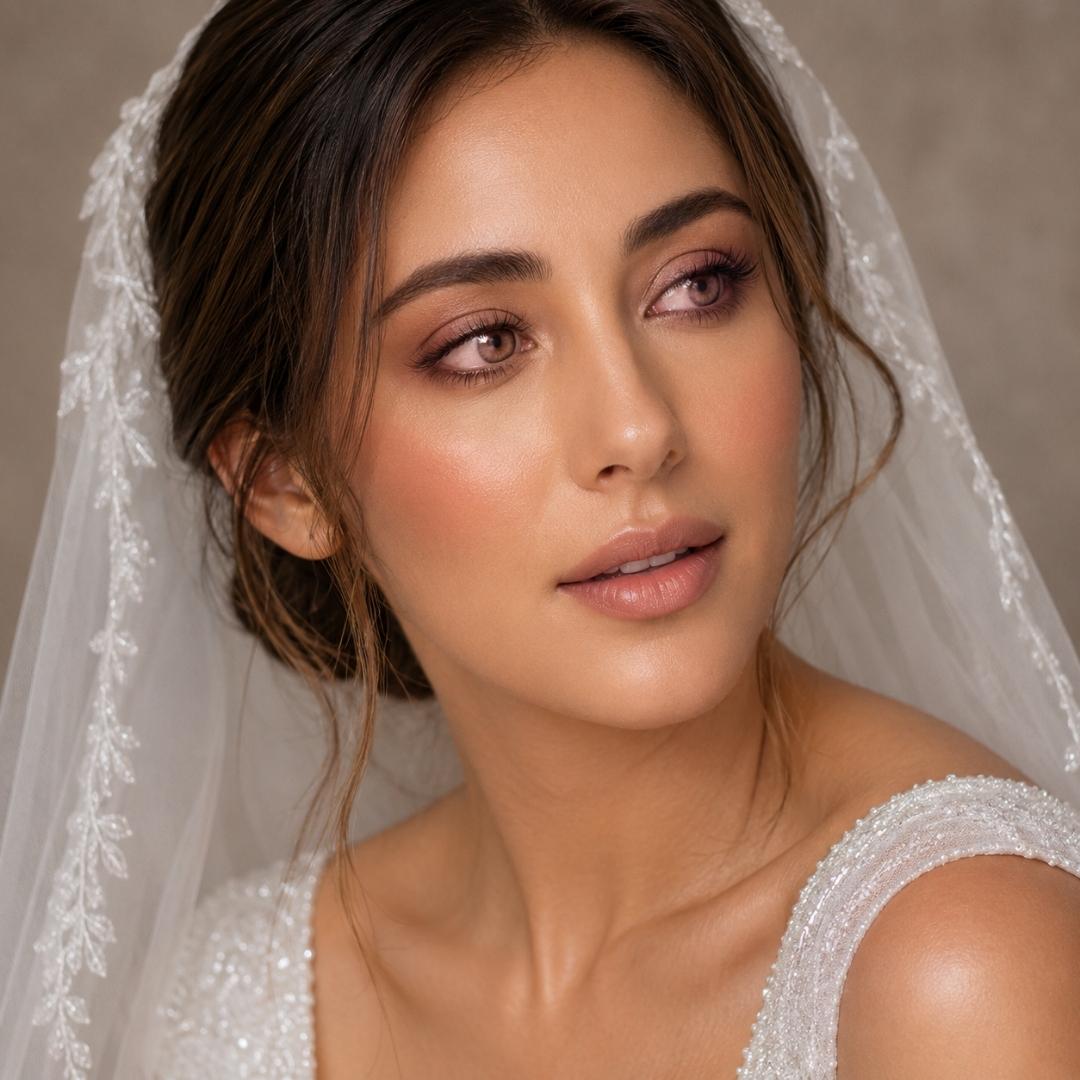 Woman wearing a white wedding dress with a veil against a neutral background