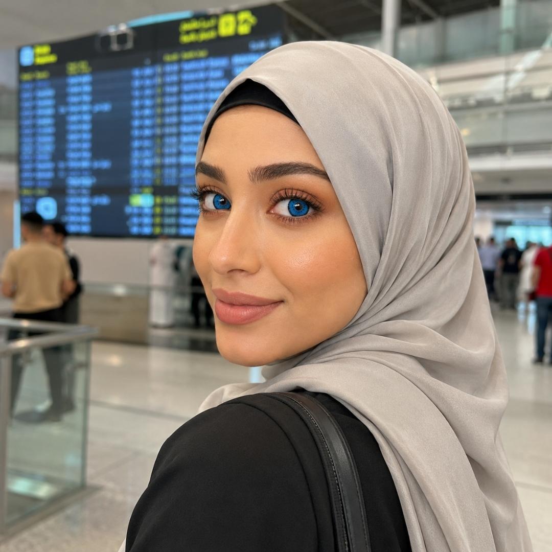 Woman wearing a hijab and vibrant blue contacts  in an airport with a flight information board in the background