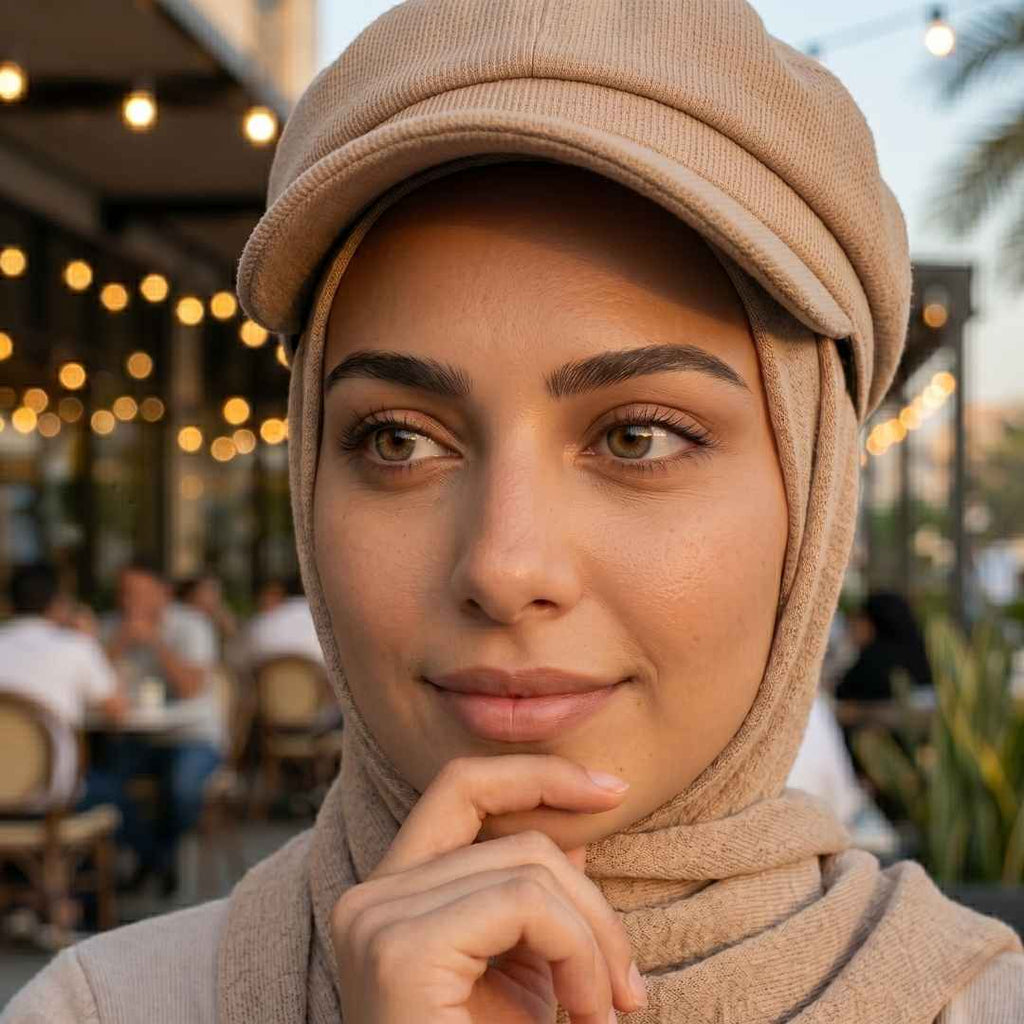 Woman wearing a beige hijab and cap in an outdoor setting with blurred background
