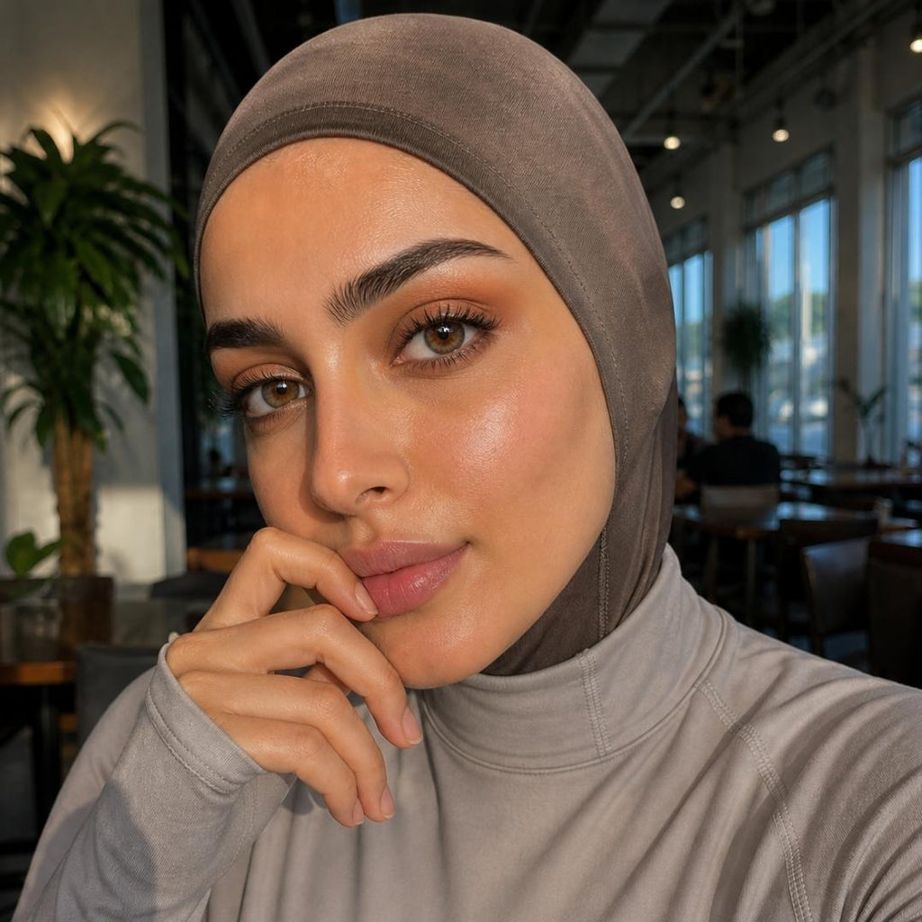 Woman wearing a brown hijab in an indoor setting