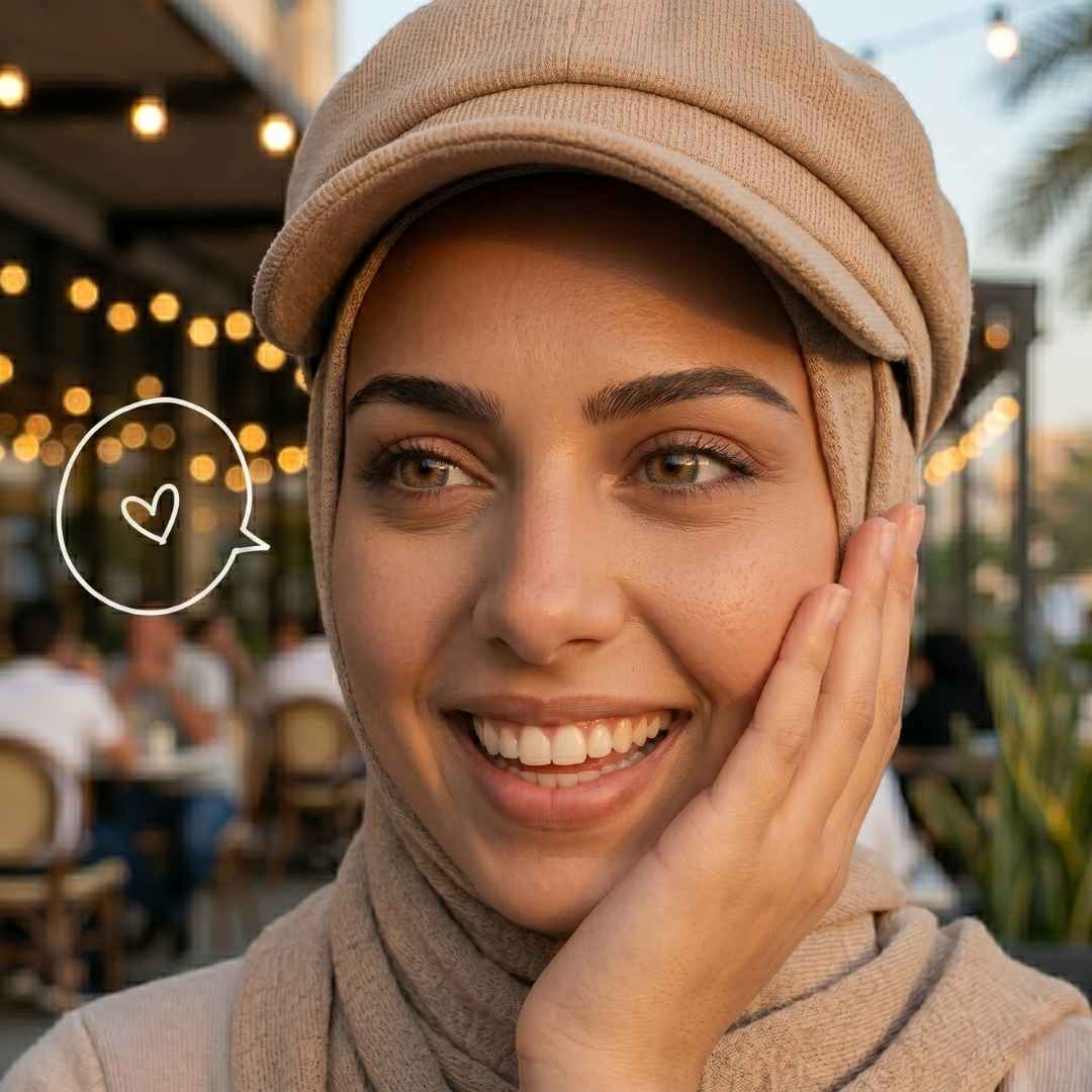 Woman wearing a beige headscarf and hat, smiling outdoors with blurred background