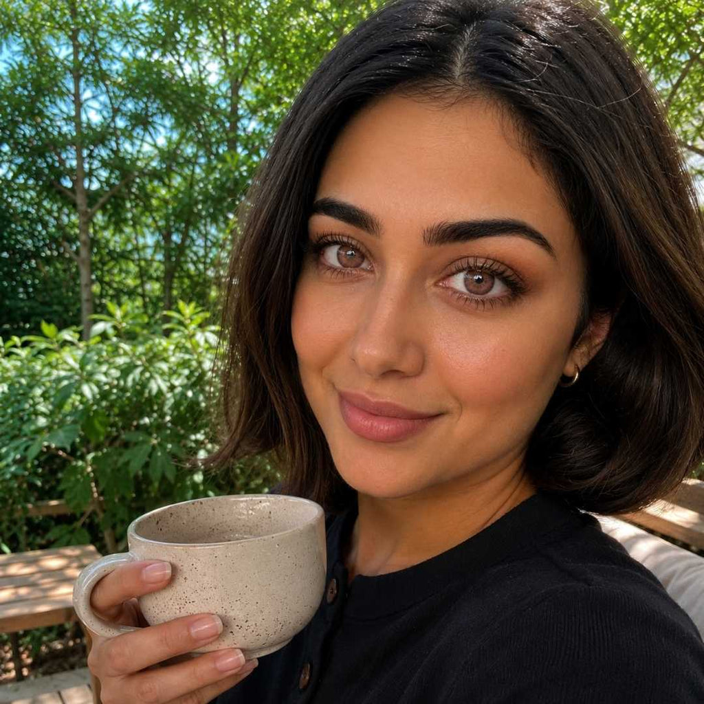 A candid photograph of a woman with short dark brown hair, holding a rustic beige speckled ceramic coffee mug on an outdoor patio. She is smiling gently at the camera. The background shows green leafy foliage and blurred wooden patio furniture under natural daylight.