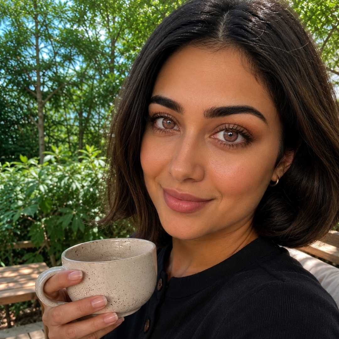 A candid photograph of a woman with short dark brown hair, holding a rustic beige speckled ceramic coffee mug on an outdoor patio. She is smiling gently at the camera. The background shows green leafy foliage and blurred wooden patio furniture under natural daylight.