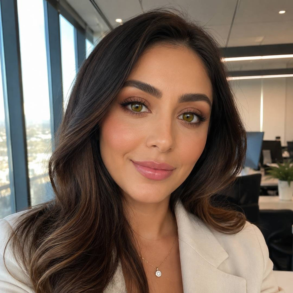 Woman with long brown hair and a light-colored blazer in an office setting