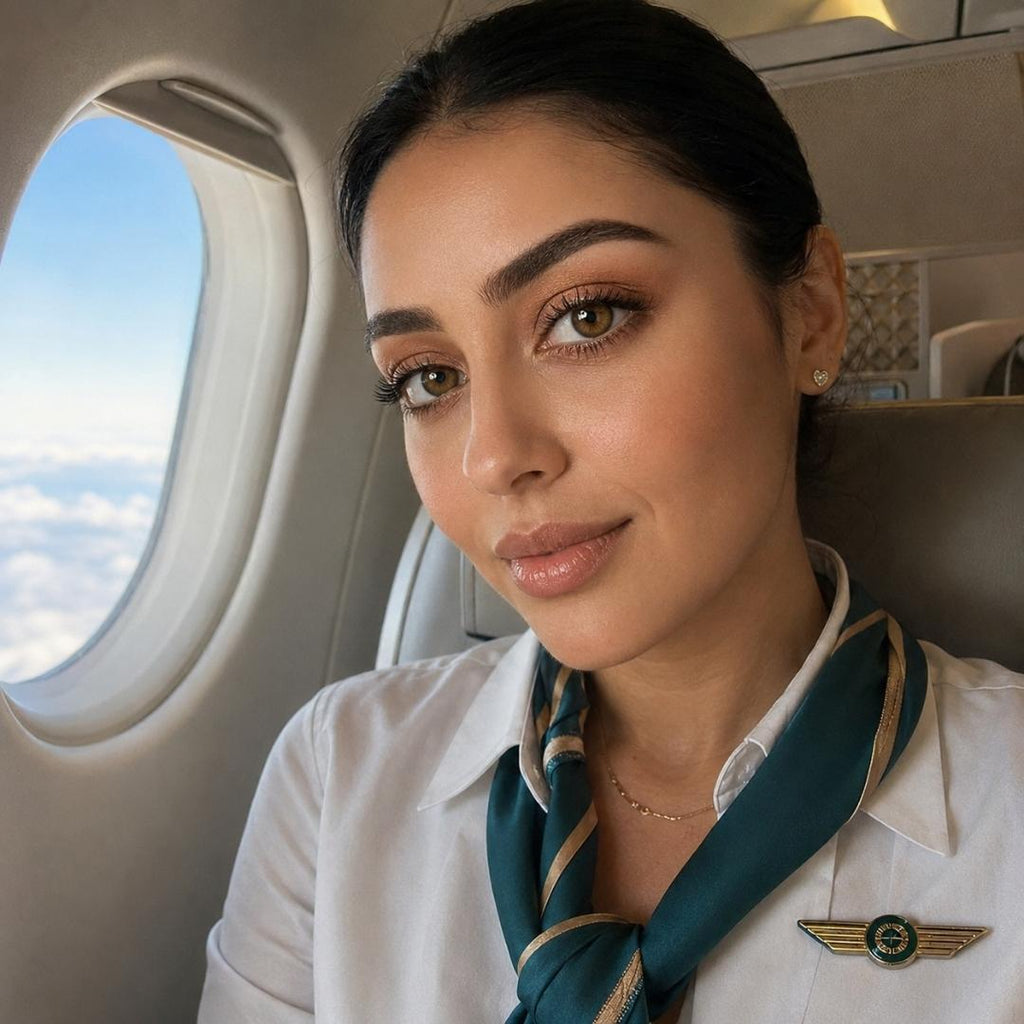 Woman wearing subtle honey brown contacts with polished cabin crew inspired makeup