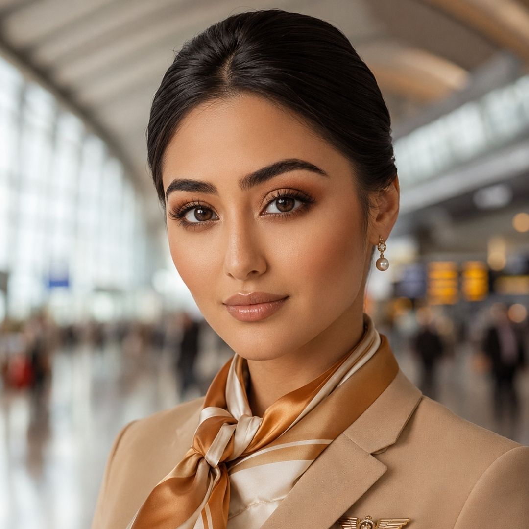 Close up of a professional cabin crew member in a beige uniform and silk scarf, displaying warm honey brown cosmetic lenses and neat corporate makeup at a bright airport terminal.