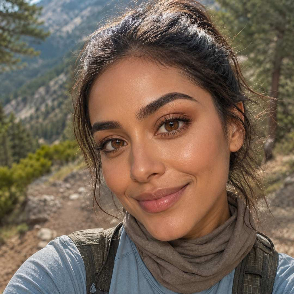 Woman with a backpack in a mountainous area