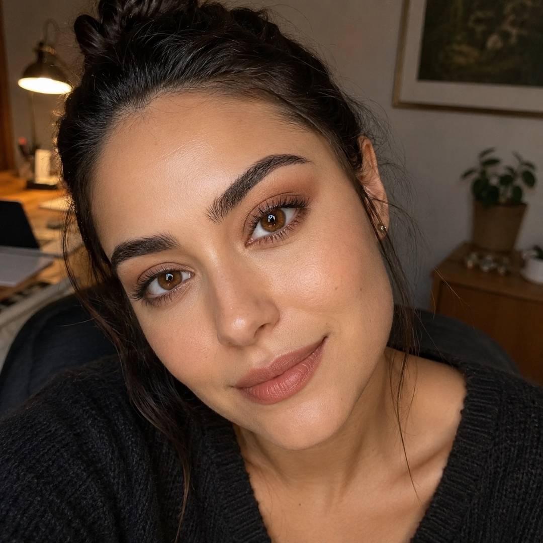 Woman with makeup looking directly at the camera in a casual indoor setting