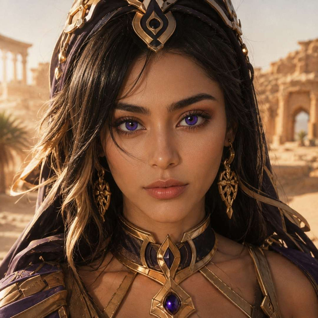 Genshin Impact Candace Cosplay in ancient Egyptian costume with gold headpiece and jewelry against a desert background