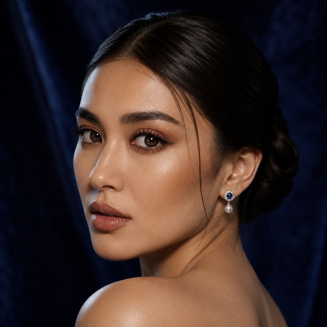 Side profile beauty portrait of a woman with hair styled in a low updo wearing dark contact lenses and pearl earrings. Soft glowing skin and deep blue background draw attention to the eyes and refined styling.