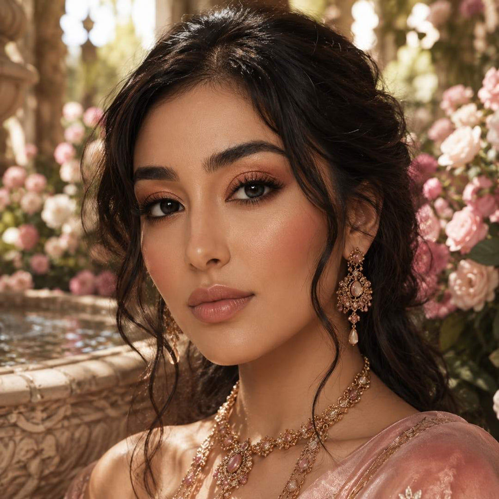 Woman with soft curled hair and pink gemstone jewelry poses in a garden setting surrounded by blooming flowers. Secret black contact lenses create a deep defined eye look that complements the romantic styling.