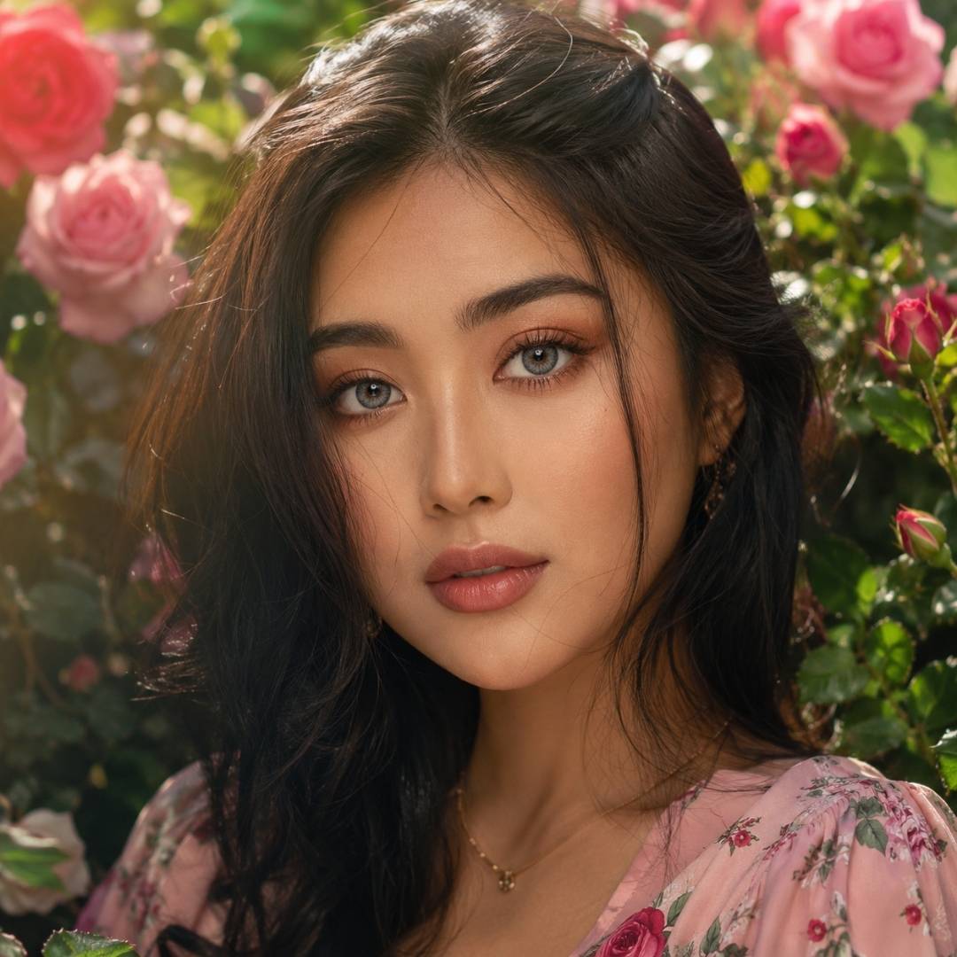 central asian girl wearing gray contact lenses with floral dress and jewelry against a background of pink roses
