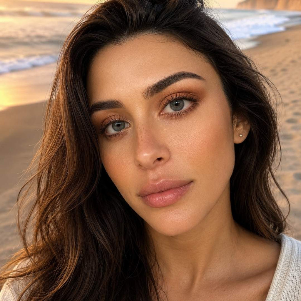 Woman with wavy brown hair standing on a beach at sunset.