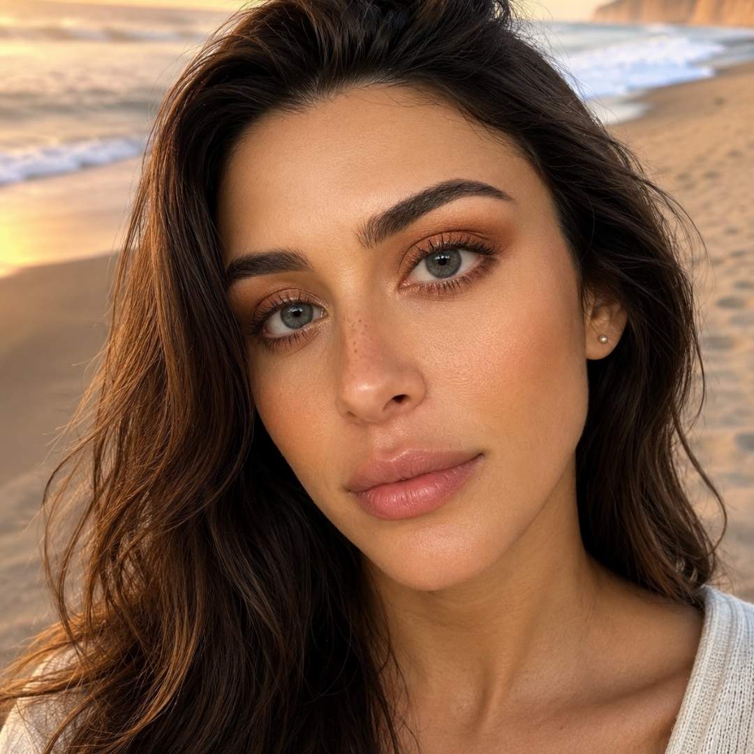 Woman with wavy brown hair standing on a beach at sunset.