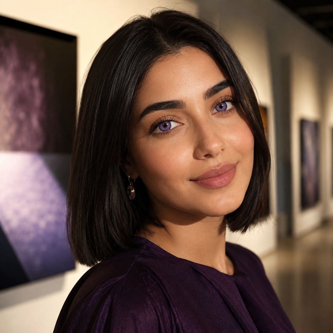 Woman with a sleek dark bob haircut wears dreamy purple contact lenses and a satin purple blouse while standing inside an art gallery. Soft indoor lighting highlights her lavender toned eyes and natural makeup.
