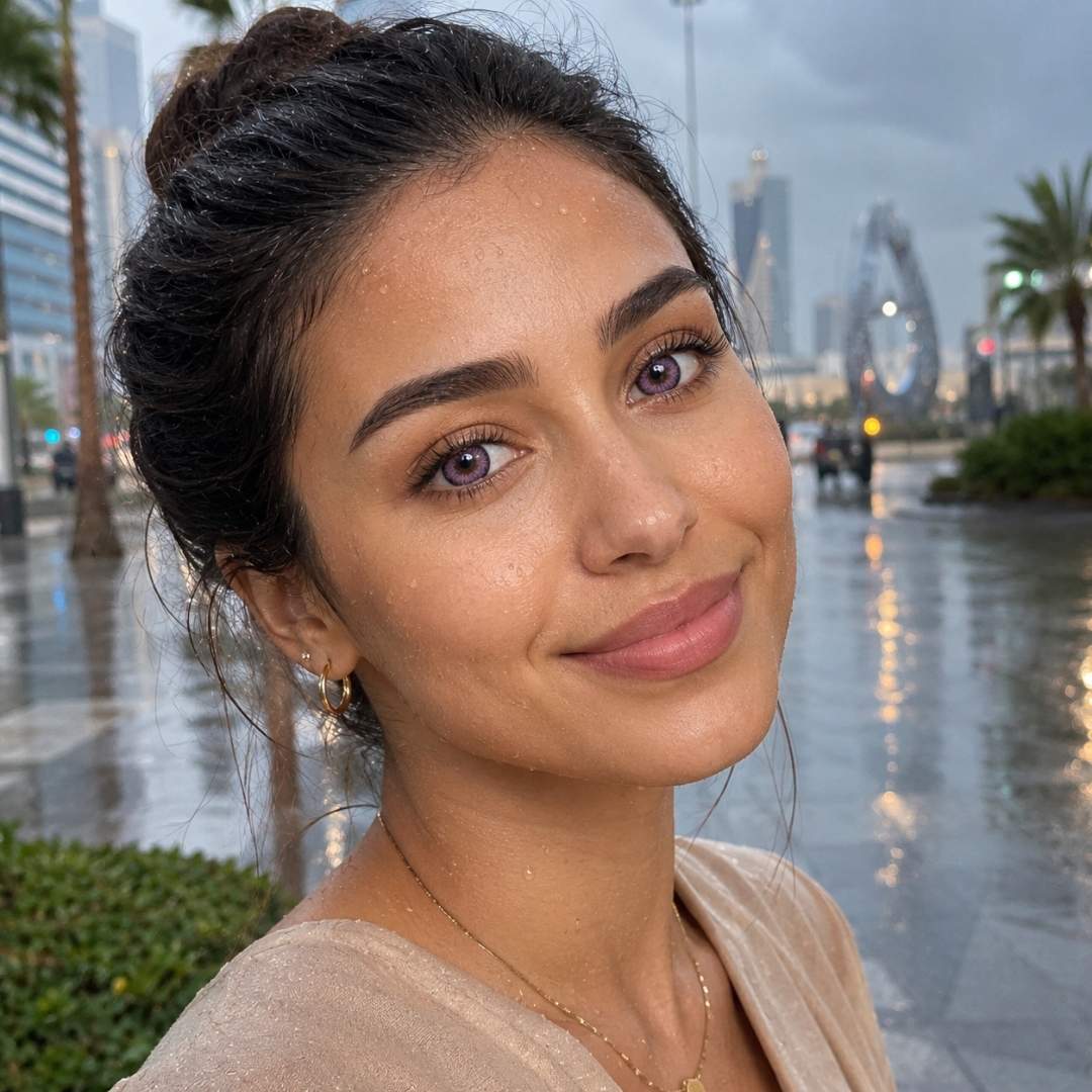 Woman wearing dreamy purple contact lenses smiles softly while standing outdoors on a rainy city street. Water droplets on her skin and blurred skyscrapers in the background create a fresh moody atmosphere.