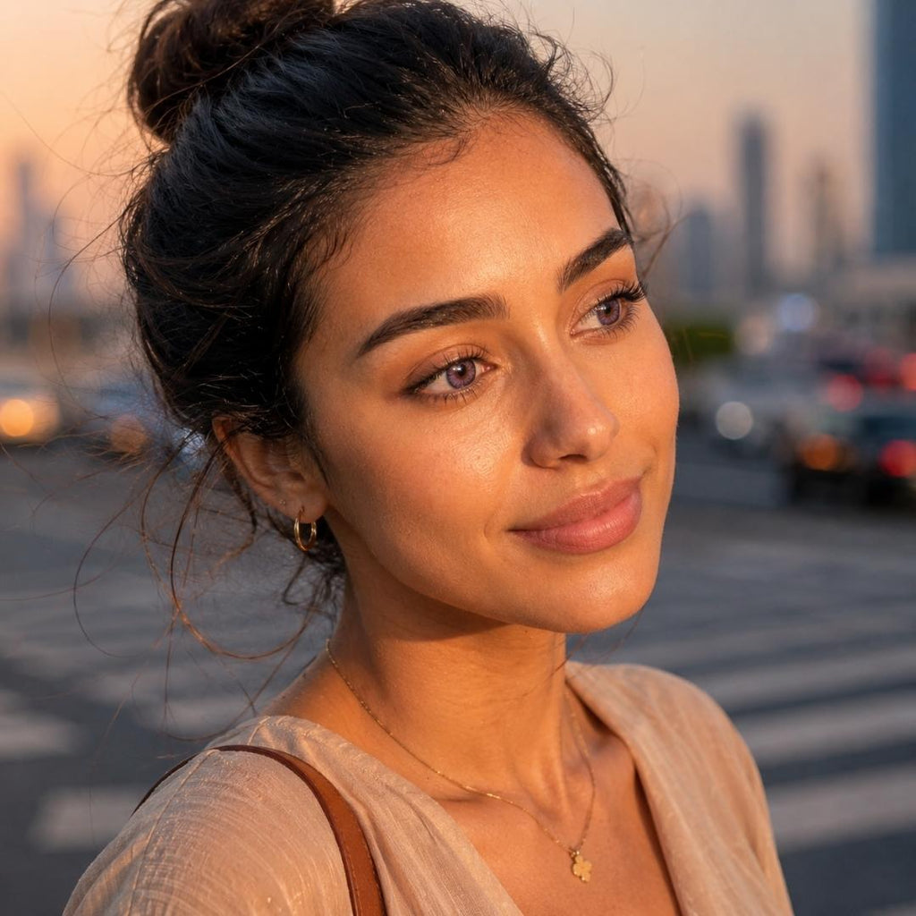 Woman with dreamy purple contact lenses looks off to the side during golden hour in an urban setting. Warm sunset lighting highlights her natural makeup, gold jewelry, and soft lavender eye color.