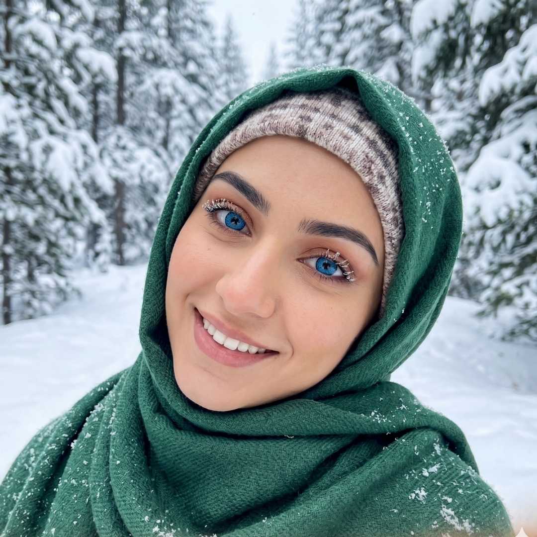 Woman wearing a green headscarf and beige headband in a snowy forest