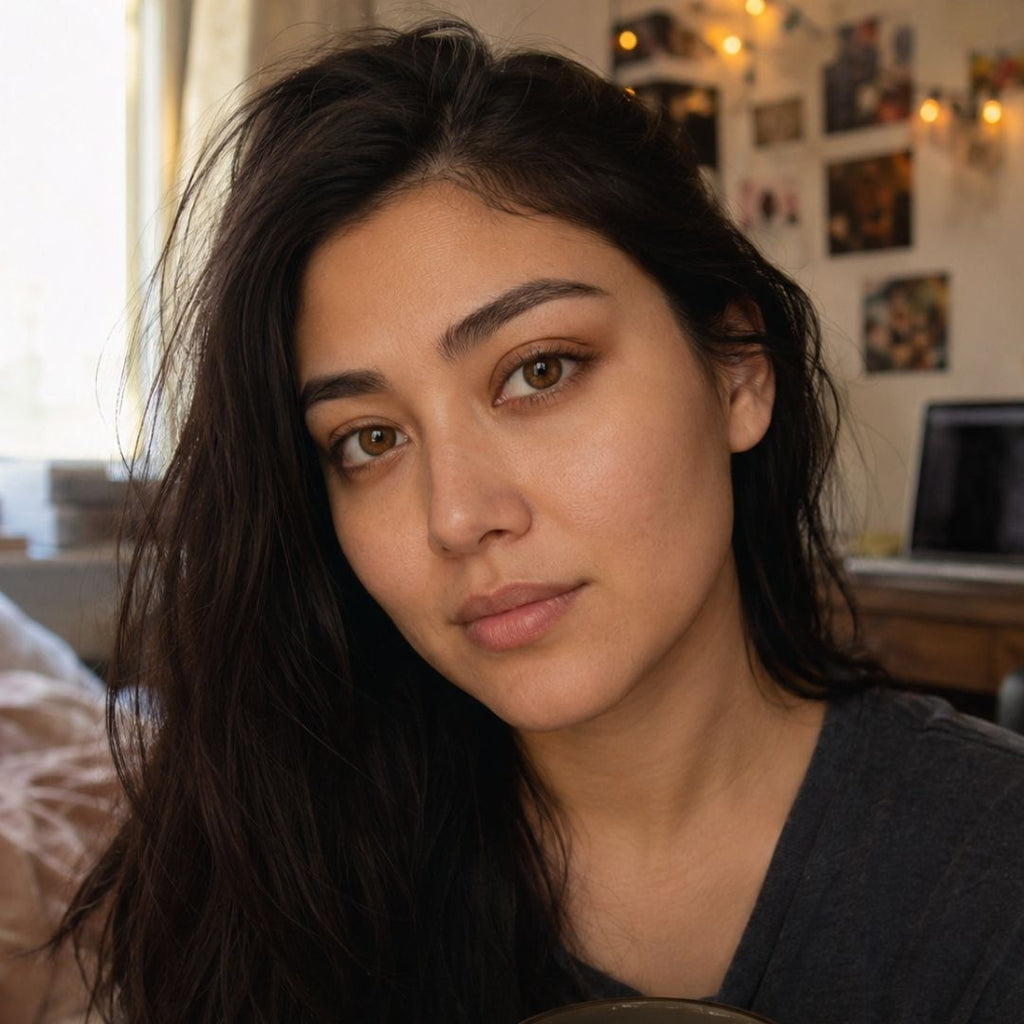 Natural home portrait featuring subtle honey brown contacts and effortless beauty look
