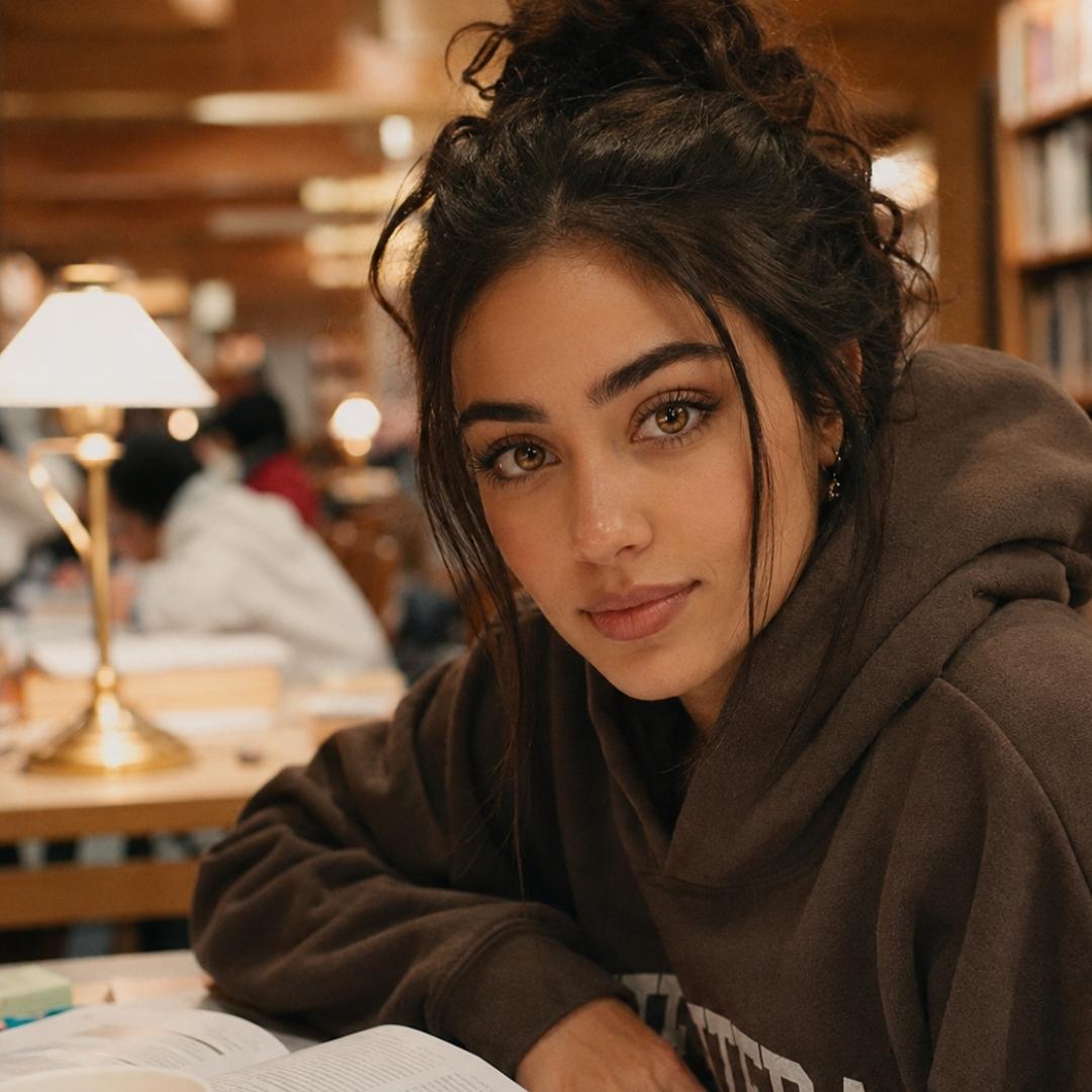 Student style portrait with subtle honey brown contacts and cozy library aesthetic