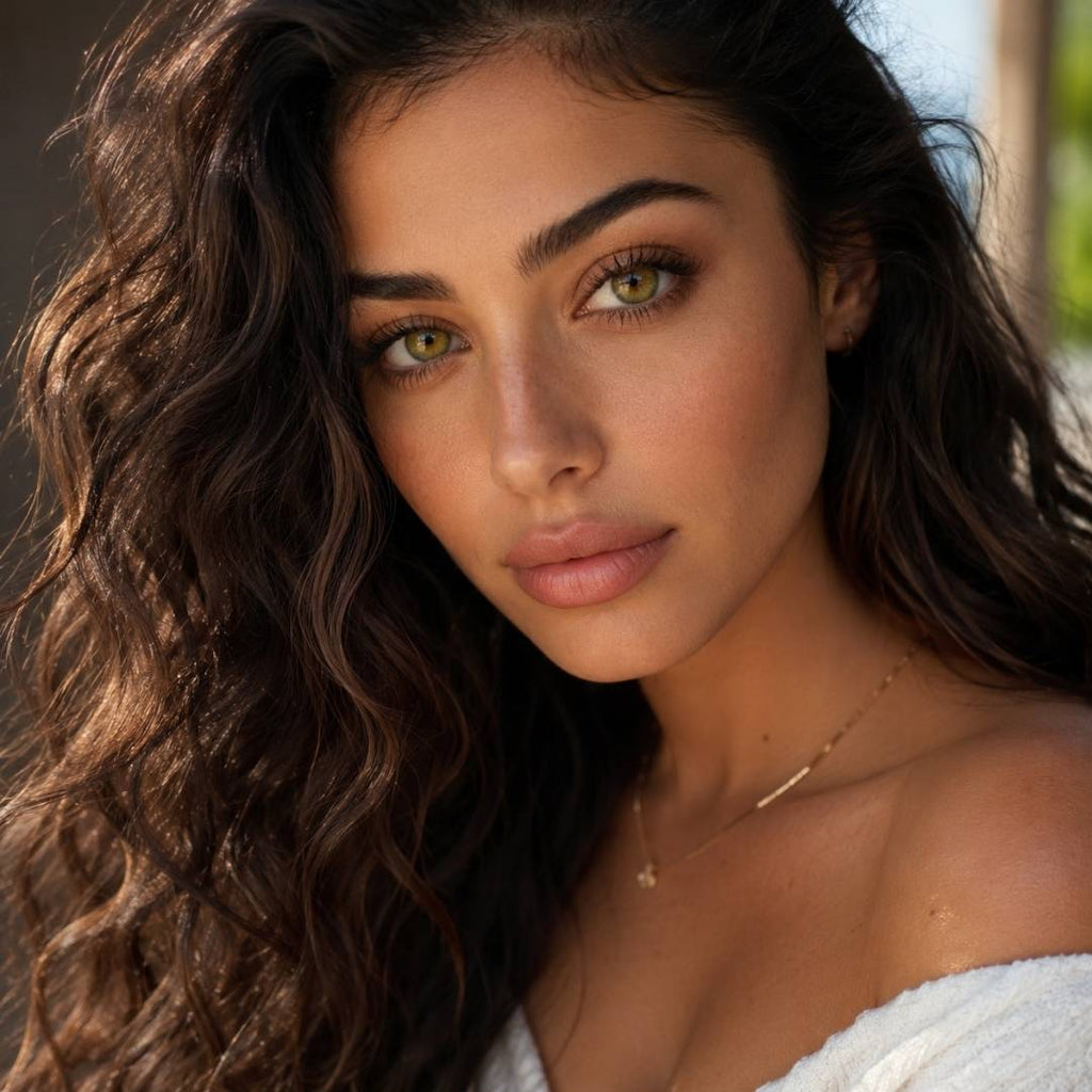 Close-up of a woman with wavy hair and green eyes, wearing a white top.