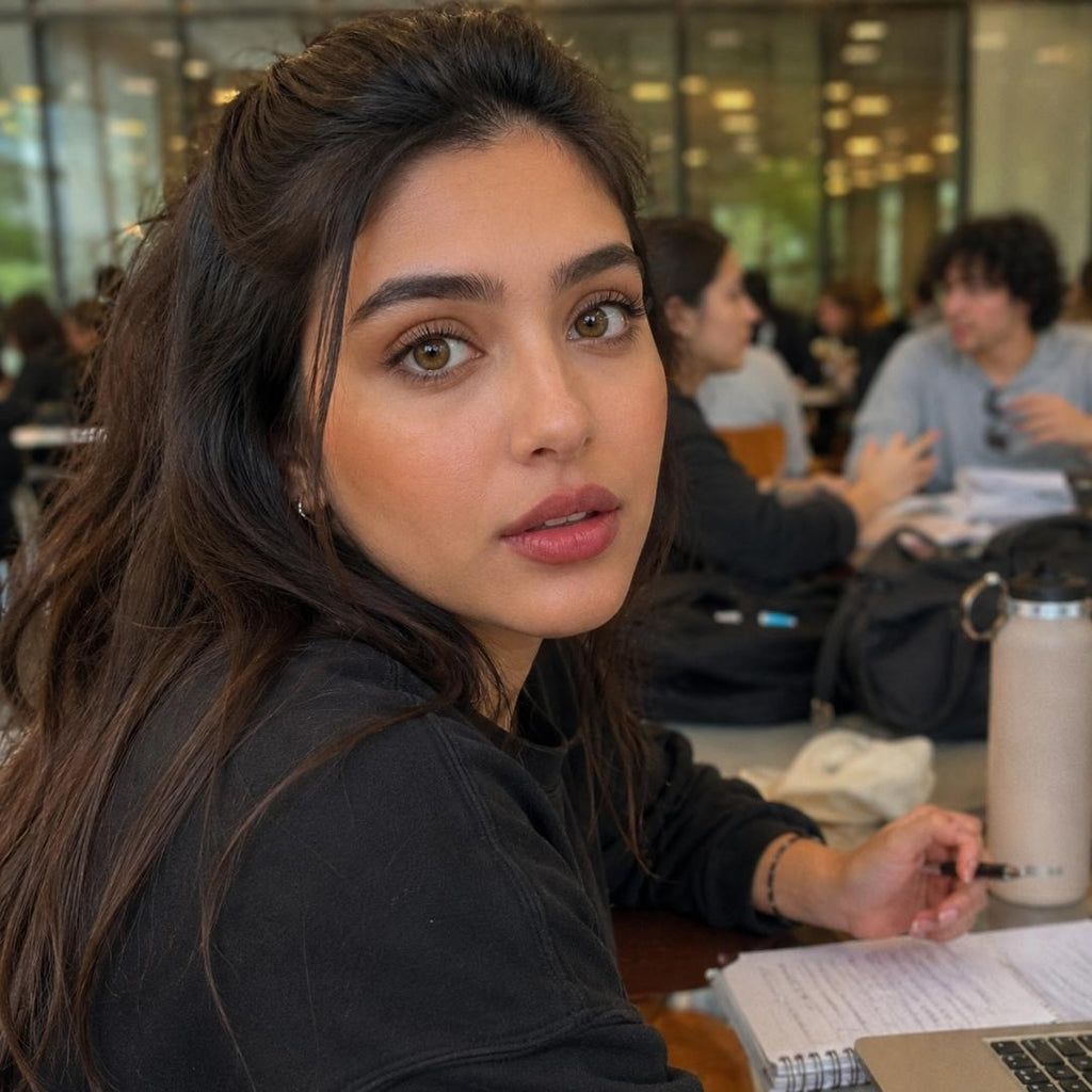 Daily beauty look with subtle honey brown contacts enhancing naturally dark eyes