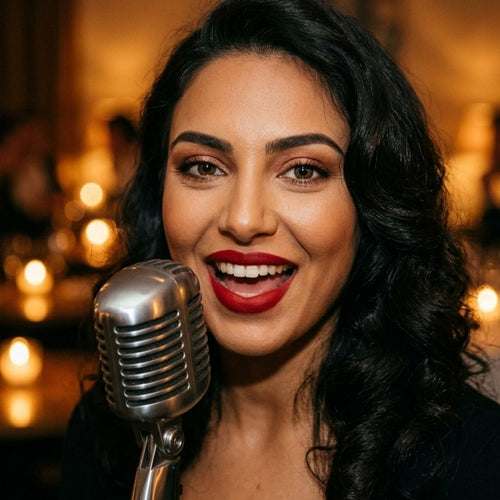 Woman with long dark hair and bold red lipstick smiling beside a vintage silver microphone in a softly lit setting with candlelight blurred in the background. Her vibrant brown contacts stand out against warm evening tones and create a lively stage inspired portrait.