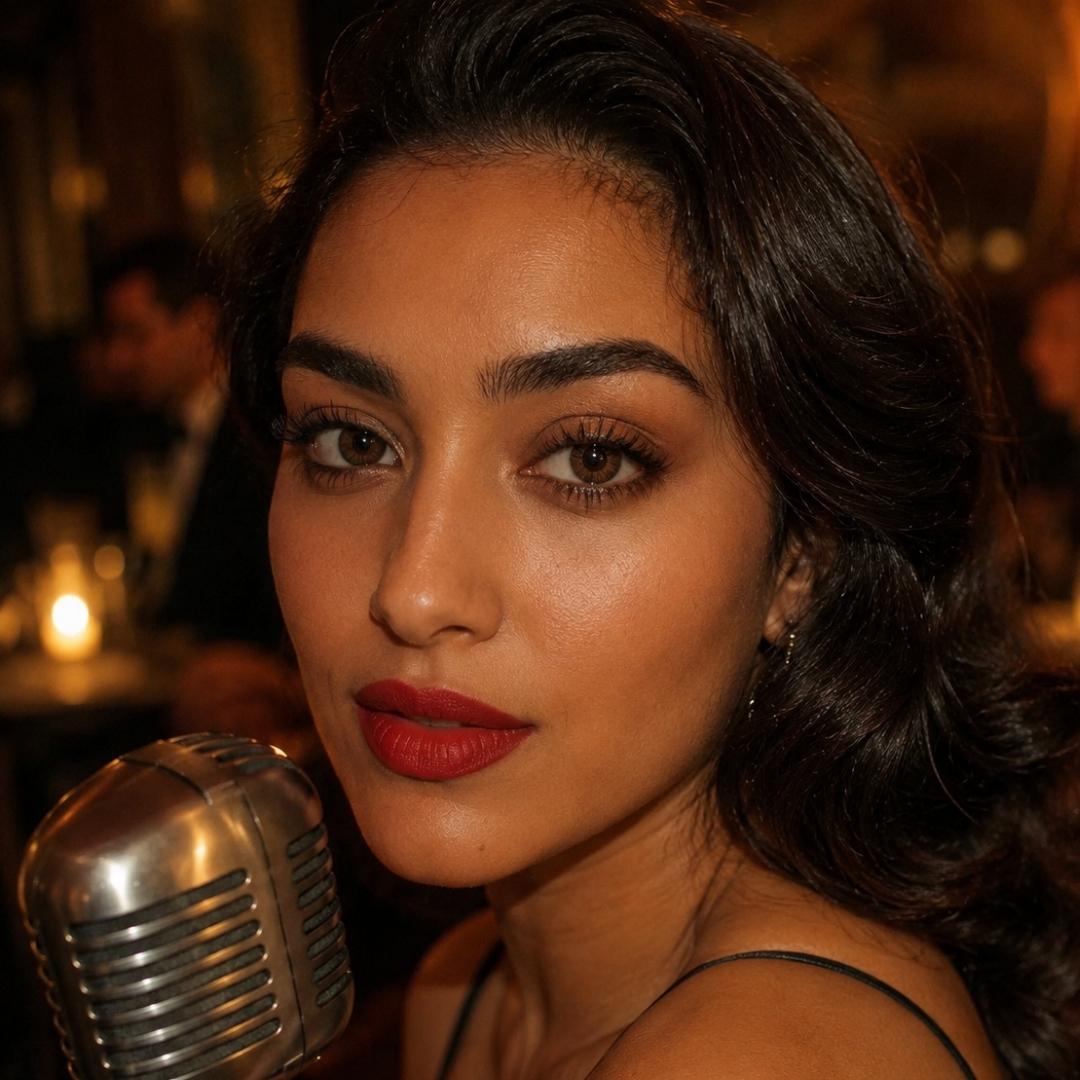 Close portrait of a woman with dark wavy hair and red lipstick seated beside a vintage microphone with warm ambient lighting behind her. Her beautiful brown eyes and calm expression create an intimate performance atmosphere.