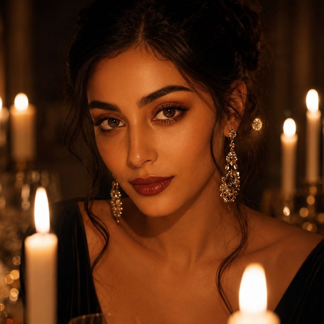 A woman with bold dark red lipstick and deep brown colored eye lenses at a candlelit dinner table, creating a luxurious evening look.